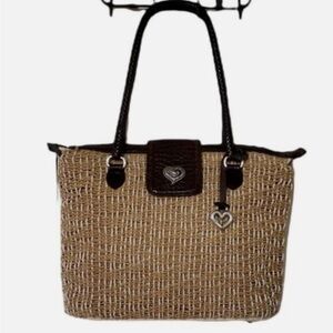 Brighton Straw Raffia Embossed Leather Silver‎ Brown Leather Shoulder Bag